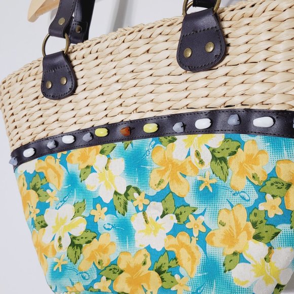 Retro Floral Shoulder Bag Woven Straw Dual Handle Lined Tropical Hawaiian Wicker - Picture 2 of 11